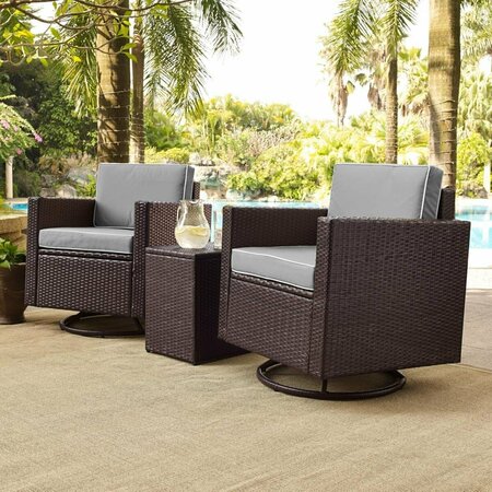 CROSLEY Palm Harbor 3Pc Outdoor Wicker Swivel Chair Set Gray/Brown - Side Table & 2 Swivel Chairs KO70058BR-GY